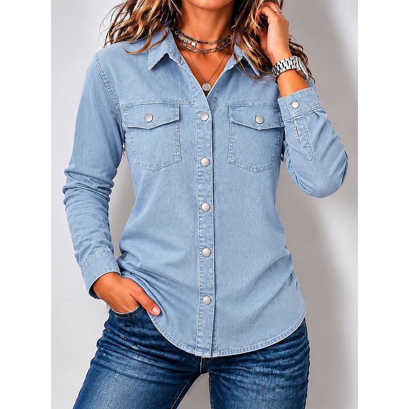 Women's Shirt Blouse Denim-look Buttons Solid Color Elegant Vacation Casual Long Sleeve Shirt Collar Regular Tops Casual Black Spring 2026 - $38.99