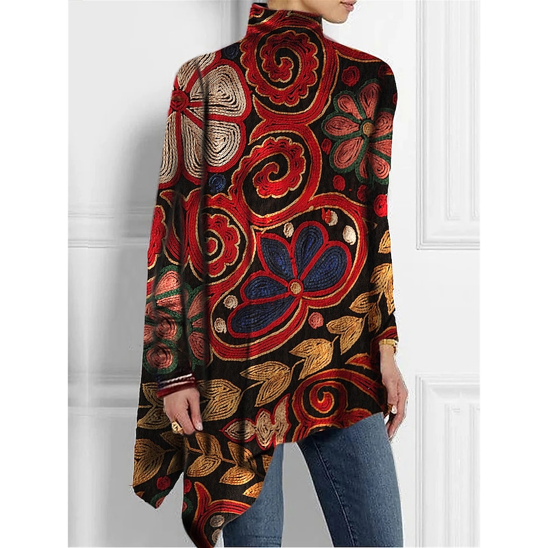 Women's T Shirt Fashion Floral Print Asymmetric Hem Long Sleeve Long Tops High Neck Casual Holiday Red Blue Green Spring &  Fall 2026 - $26.99