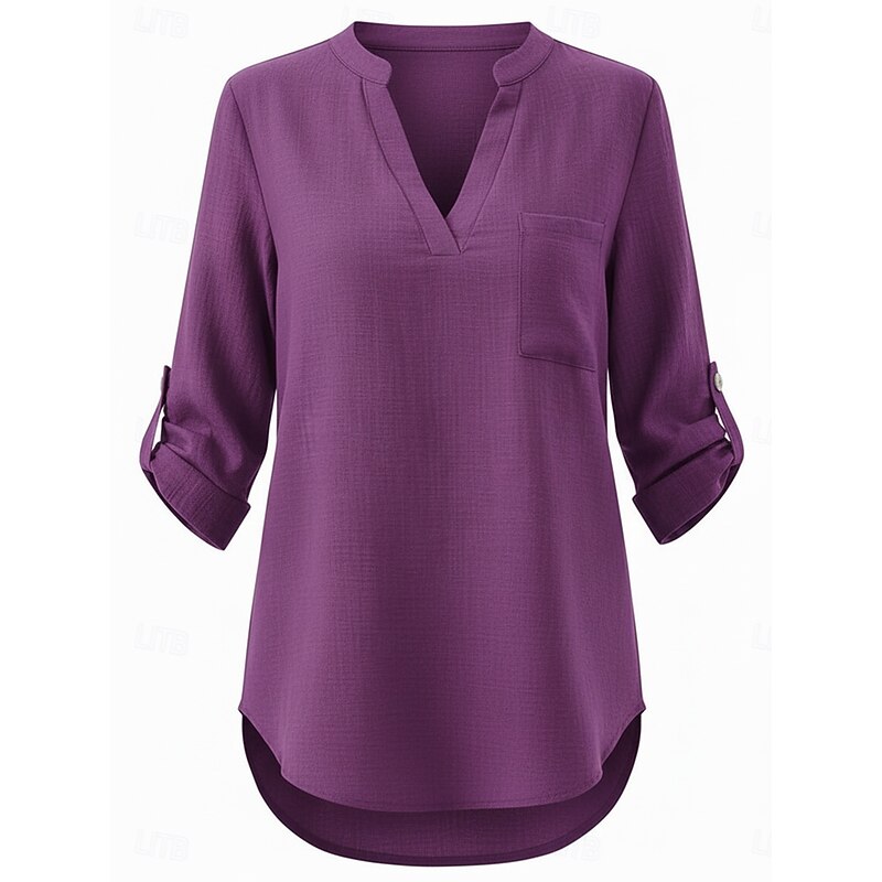 Women's Cotton Linen Shirts Summer Tops Blouse Dressy Tops Ruched Patchwork Pocket Solid Color Plain Elegant Vintage Ladies 3/4 Length Sleeve Shirt Co