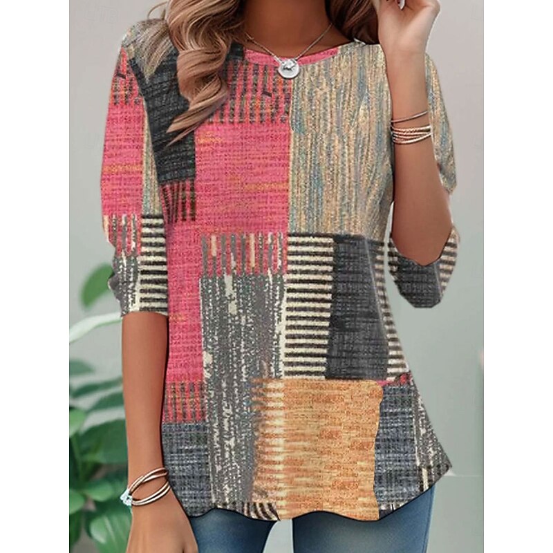 Women's T shirt Long Sleeve Crew Neck Long Sleeve Tunic Graphic Geometric Plaid Casual Round Neck Regular Tops Daily Print Pink Purple Green Spring Fa