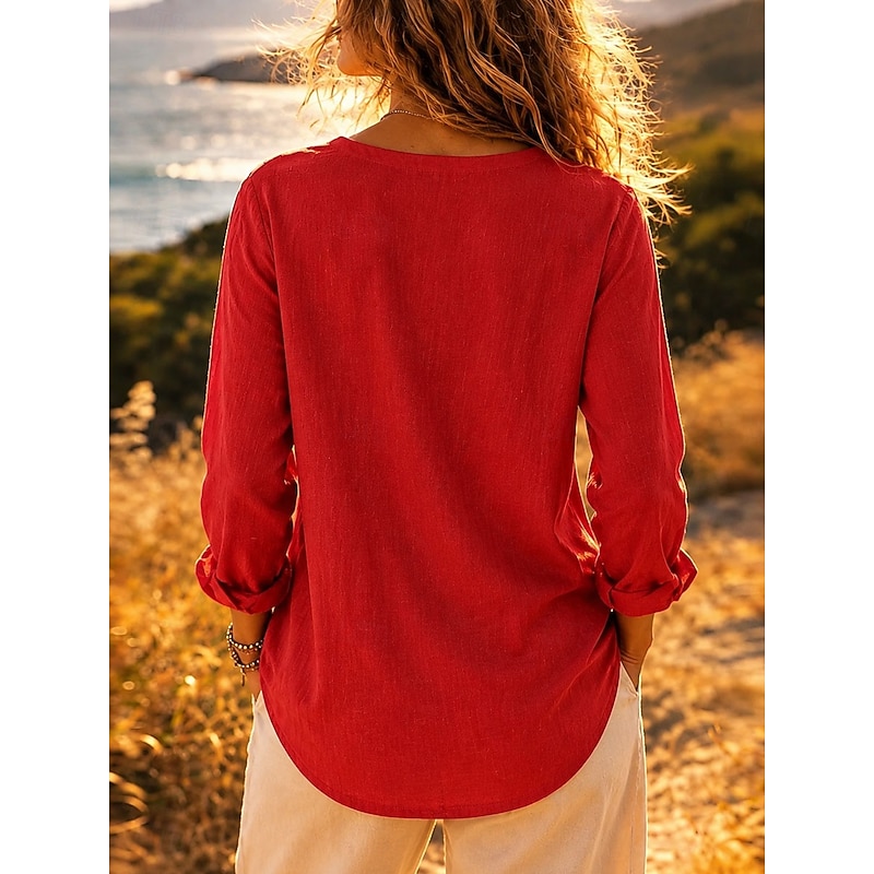 Women's Linen Shirt Blouse Solid Color Vintage Stylish Classic Long Sleeve Henry Collar Regular Tops Casual Daily Blue White Red Beige Summer Spring 2