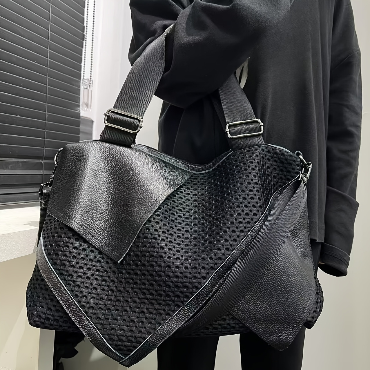 Title: Irregular Patchwork Mesh Tote Handbag