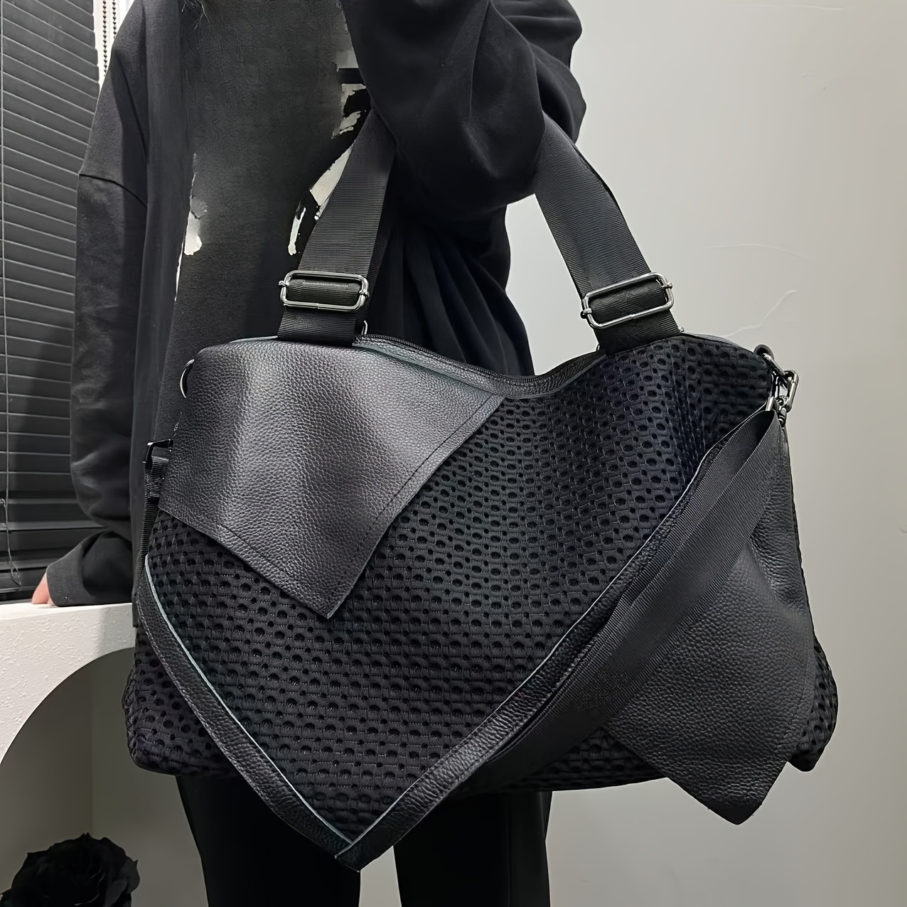 Title: Irregular Patchwork Mesh Tote Handbag