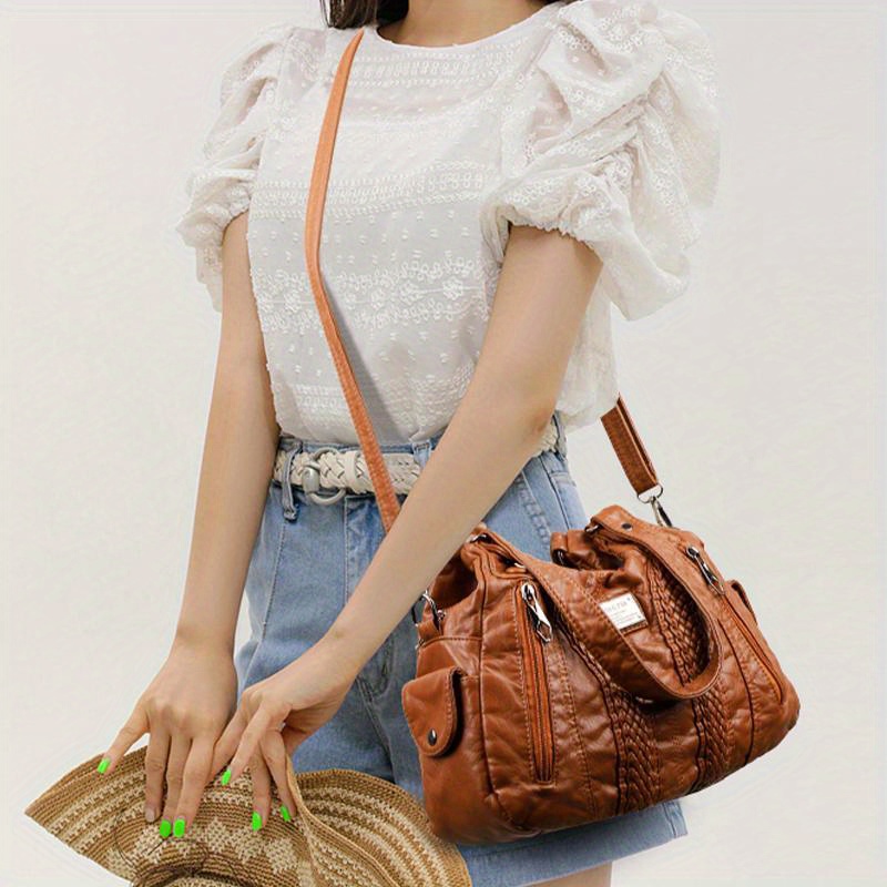 Vintage Woven Washed Leather Shoulder Tote Bag