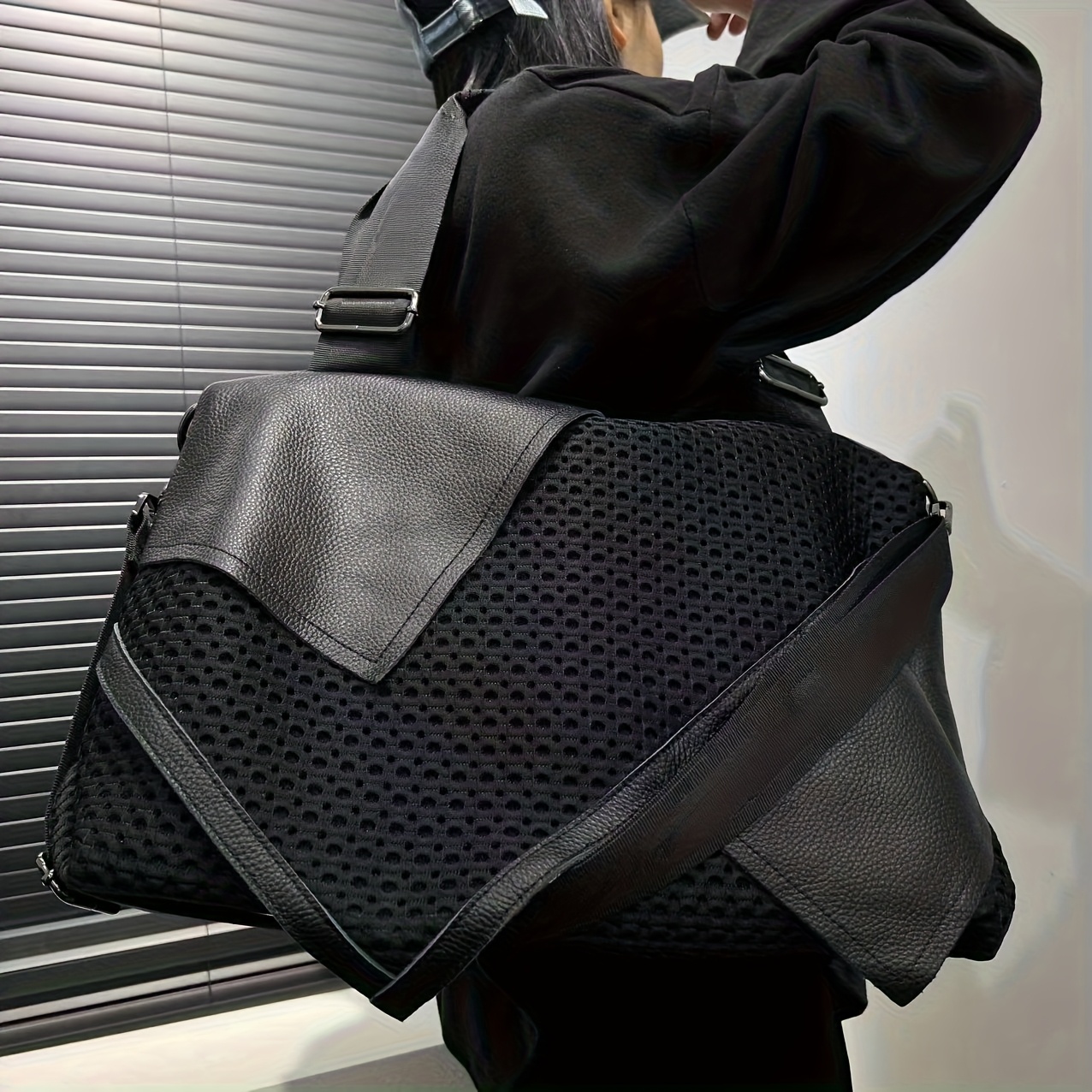 Title: Irregular Patchwork Mesh Tote Handbag