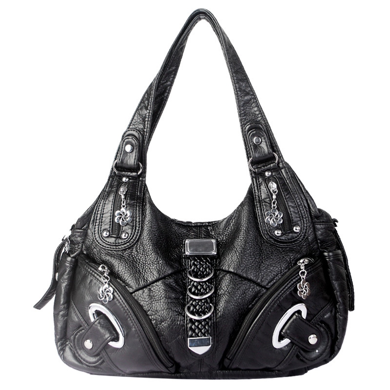 Retro Rivet Decor Washed Leather Hobo Shoulder Bag