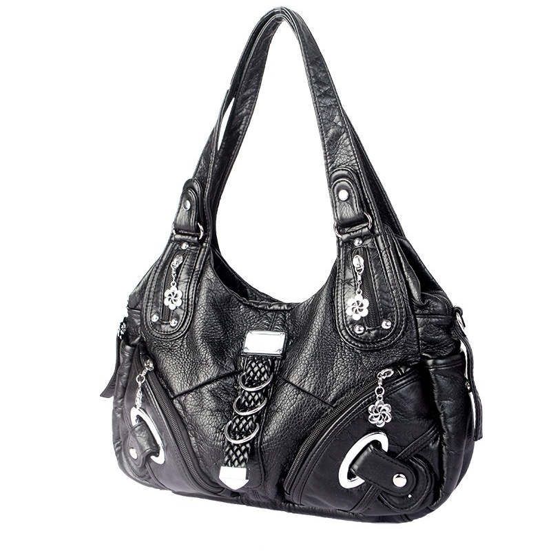 Retro Rivet Decor Washed Leather Hobo Shoulder Bag