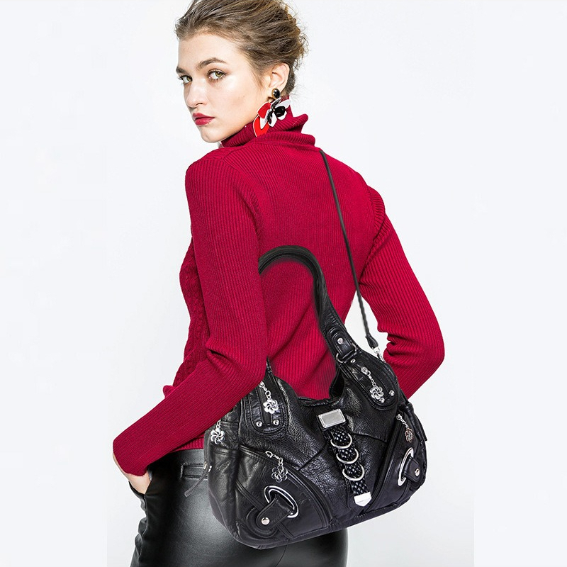 Retro Rivet Decor Washed Leather Hobo Shoulder Bag