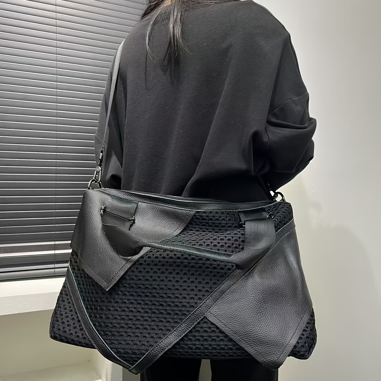 Title: Irregular Patchwork Mesh Tote Handbag