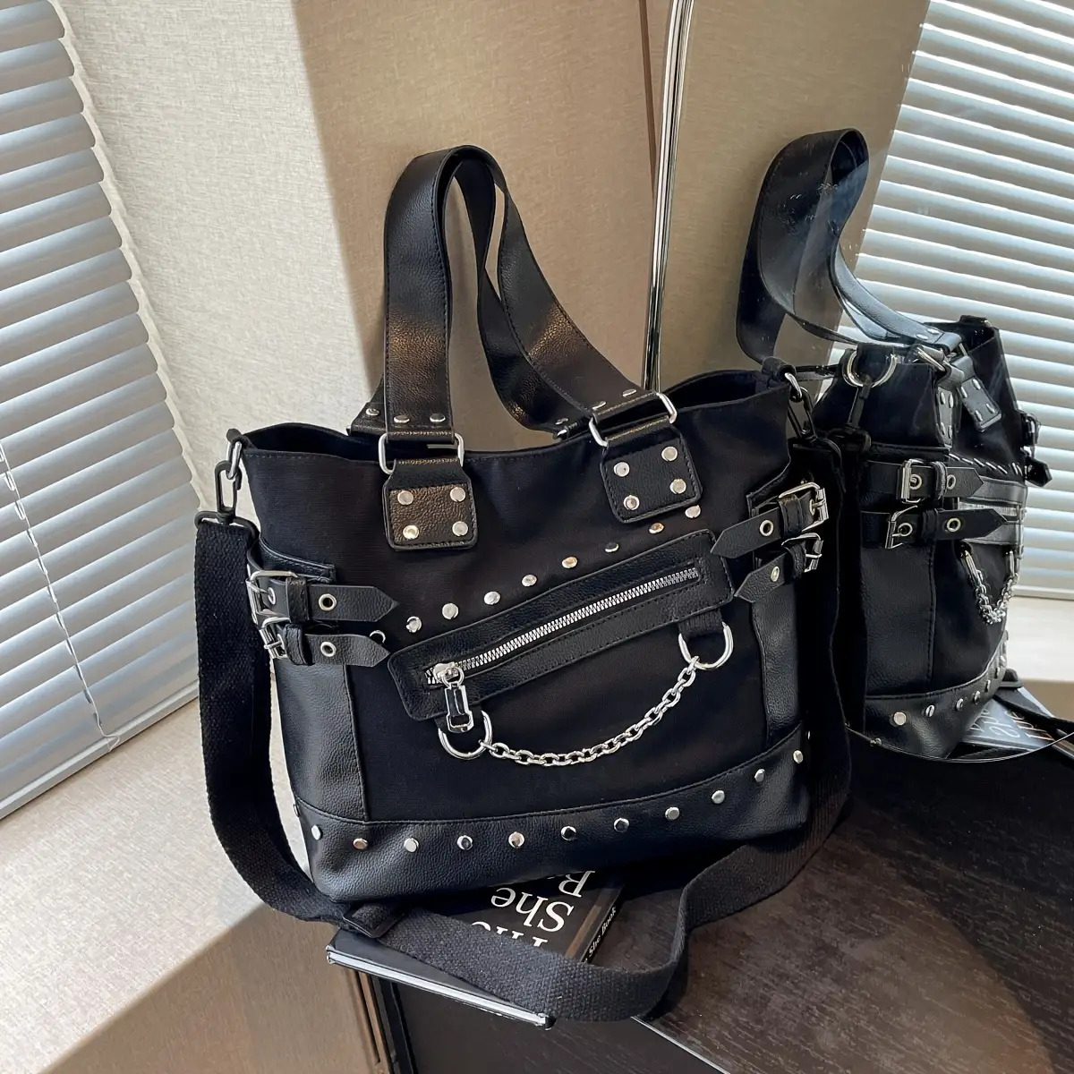 Punk Rivet Chain Canvas Tote Shoulder Bag