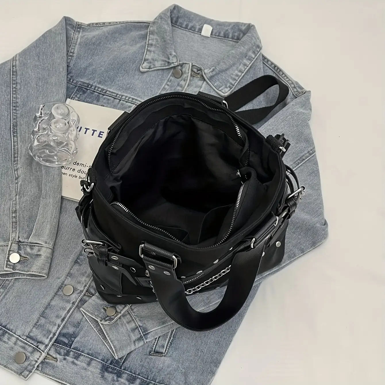 Punk Rivet Chain Canvas Tote Shoulder Bag