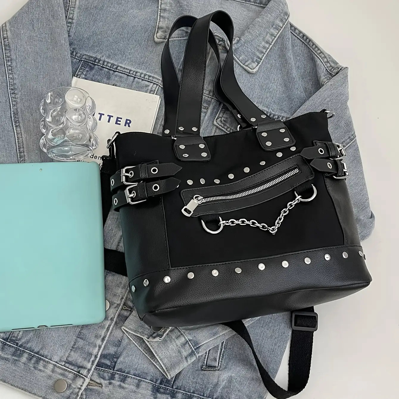 Punk Rivet Chain Canvas Tote Shoulder Bag