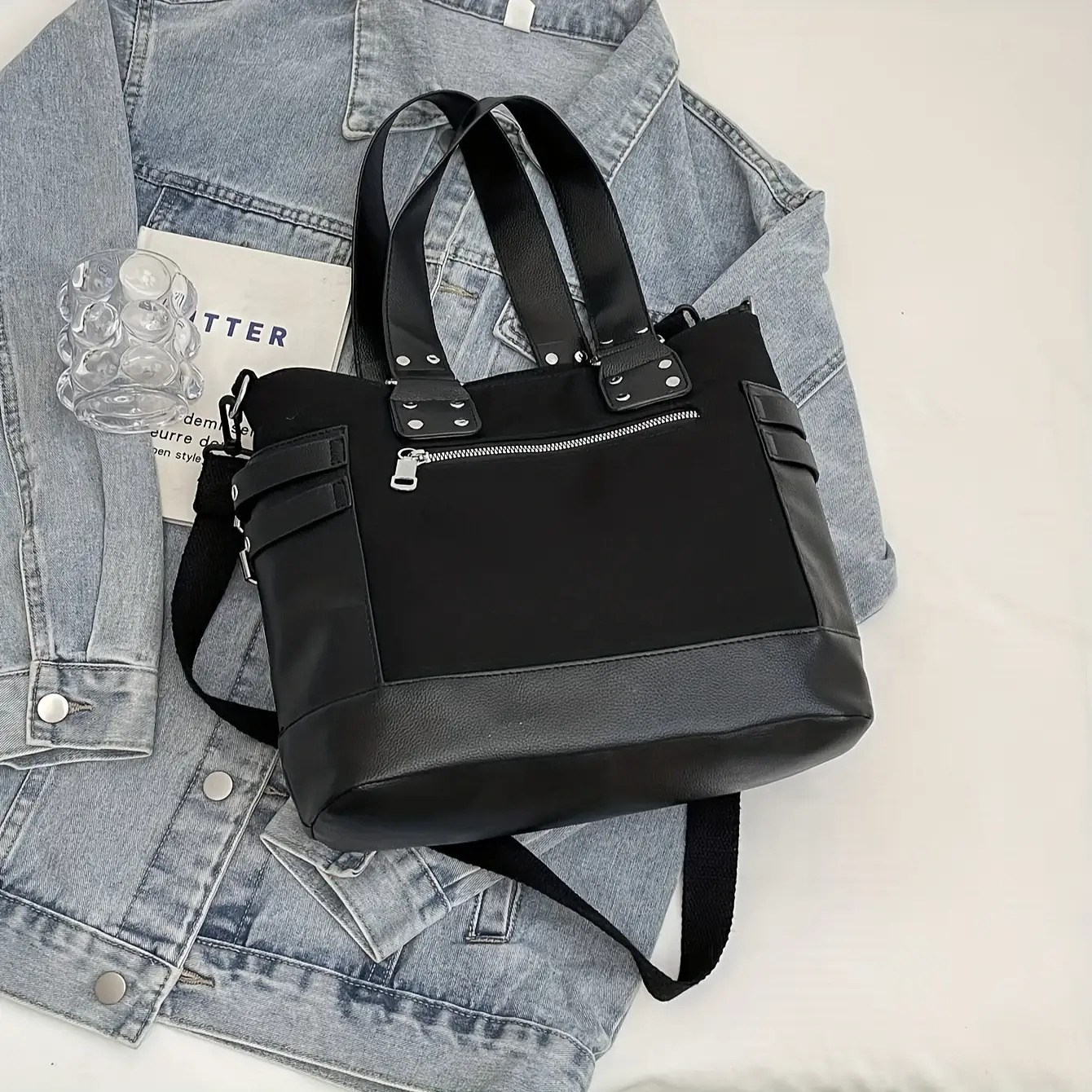 Punk Rivet Chain Canvas Tote Shoulder Bag