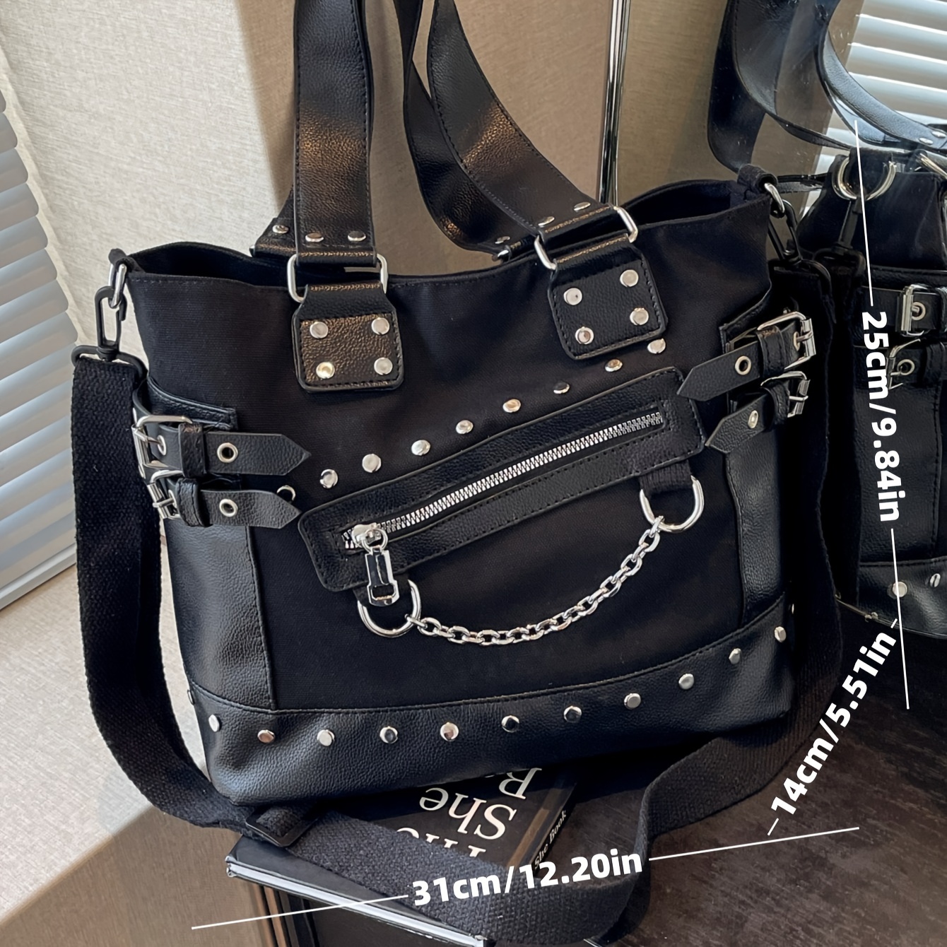 Punk Rivet Chain Canvas Tote Shoulder Bag