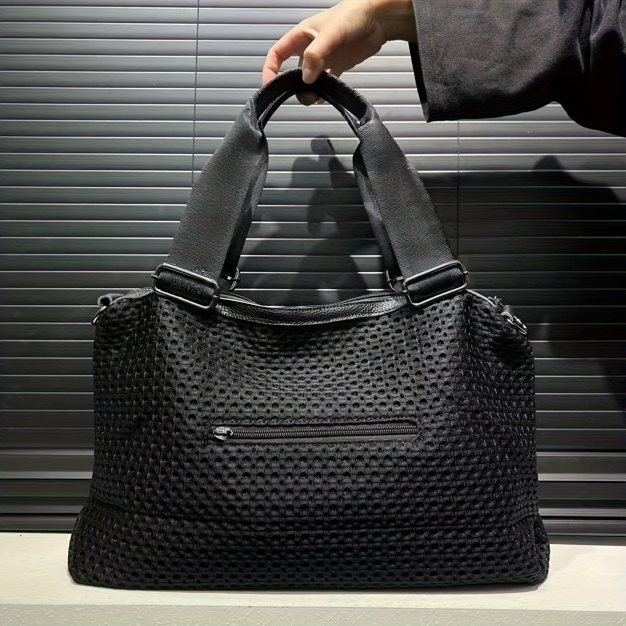 Title: Irregular Patchwork Mesh Tote Handbag