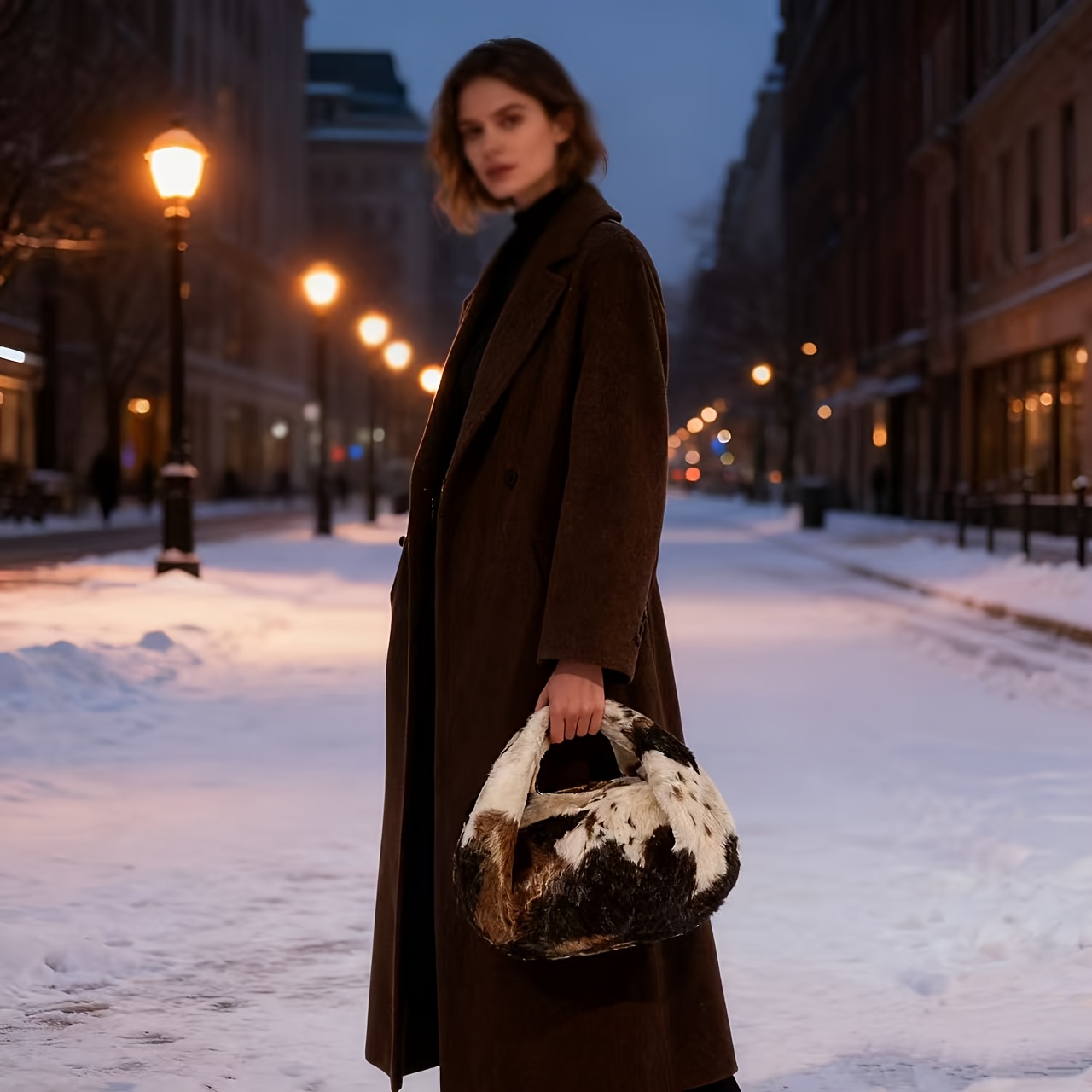 Cow Print Faux Fur Mini Hobo Handbag