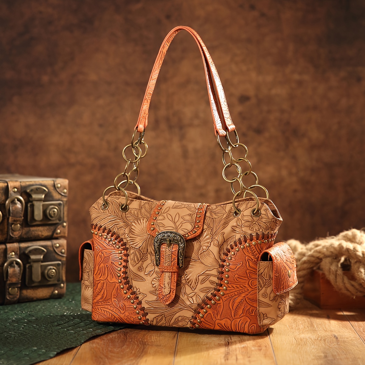 Vintage Floral Embossed Western Shoulder Tote Bag