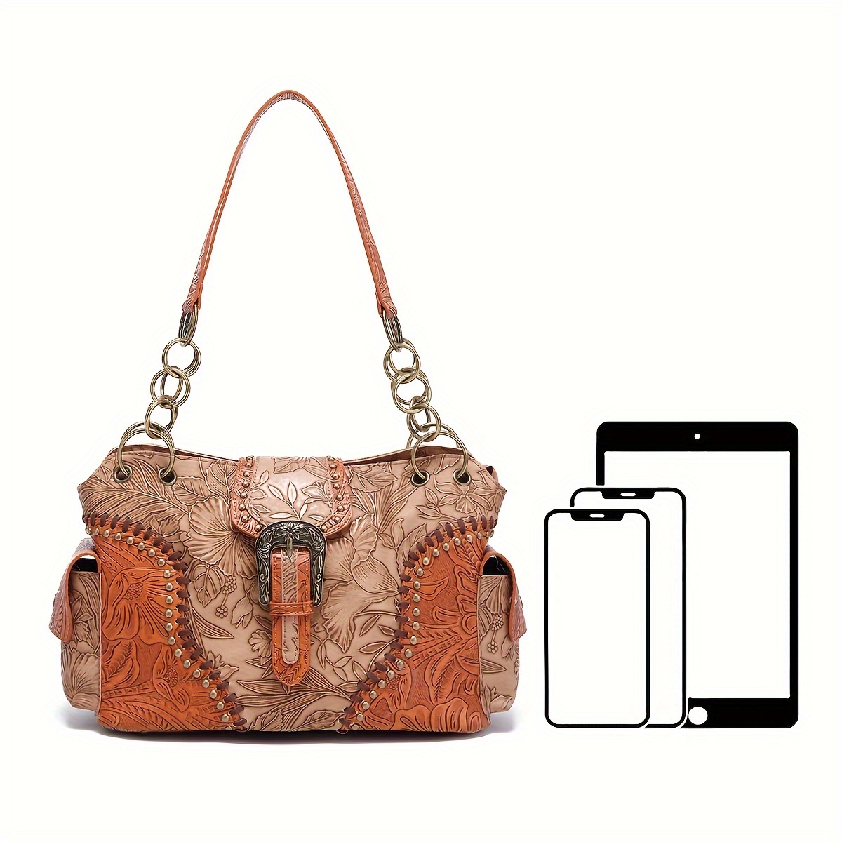 Vintage Floral Embossed Western Shoulder Tote Bag