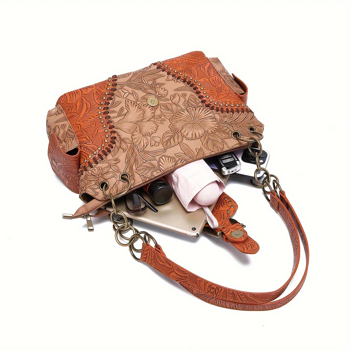 Vintage Floral Embossed Western Shoulder Tote Bag