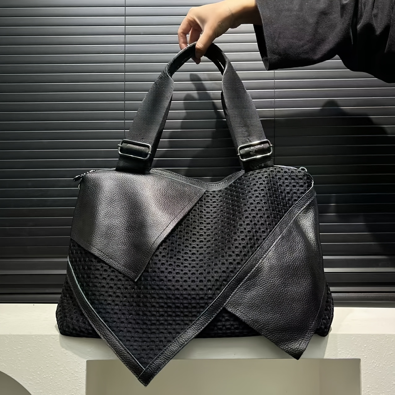 Title: Irregular Patchwork Mesh Tote Handbag