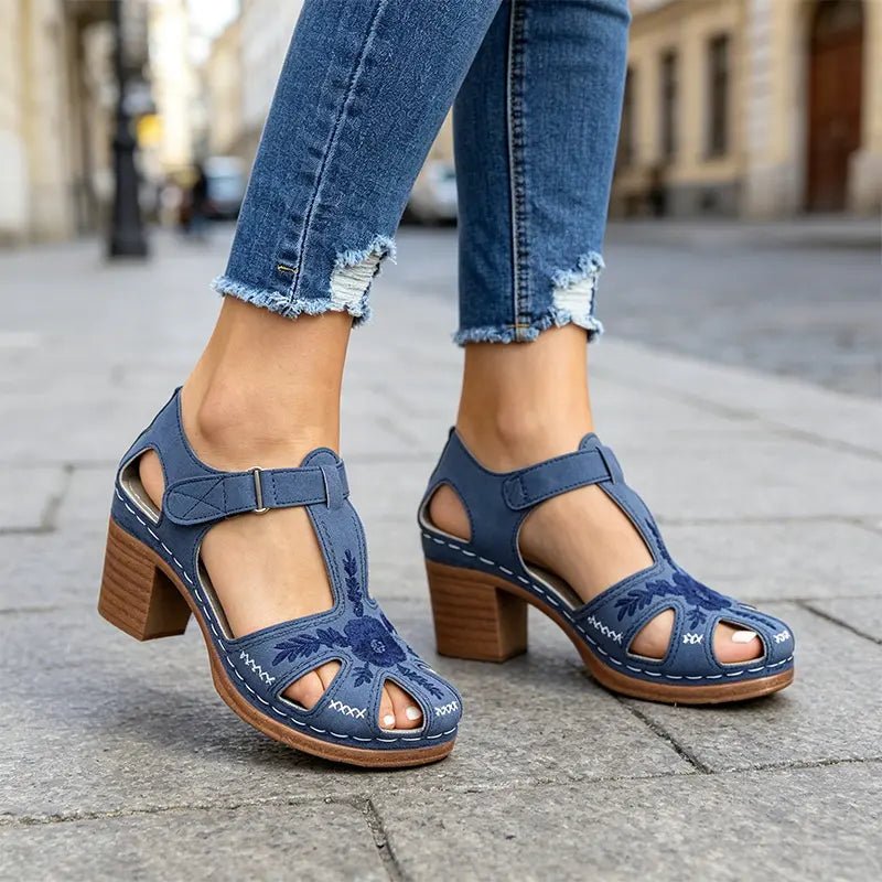 Sandale de Damă cu Toc Gros, Colecția 2026: Broderie Florală Rafinată, Design Elegant cu Vârf Acoperit (Mărimi 36-43)