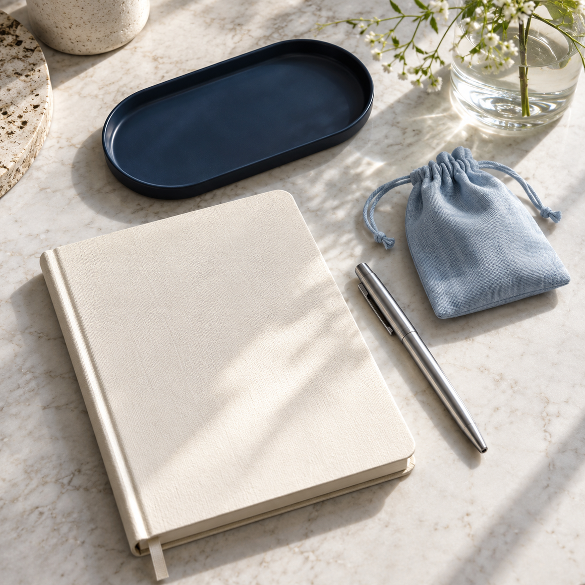 Illustrative cream notebook, blue pouch and navy tray on cool stone