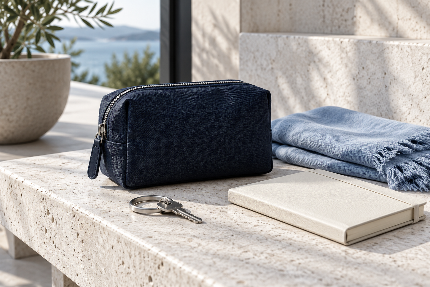 Illustrative navy pouch, steel key ring and notebook on cool white stone