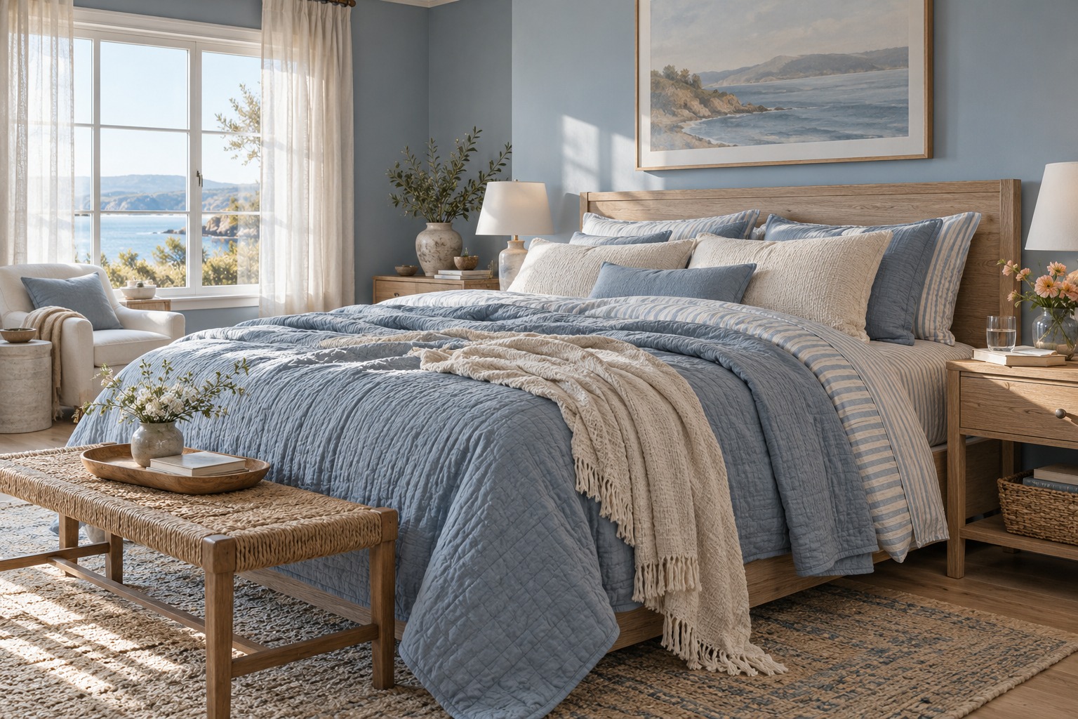 An airy bedroom layered with soft blue bedding