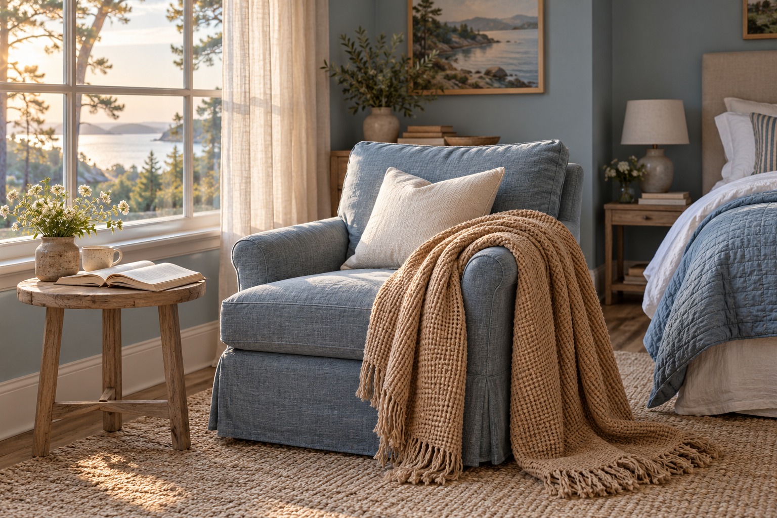 A quiet reading corner with layered home textiles