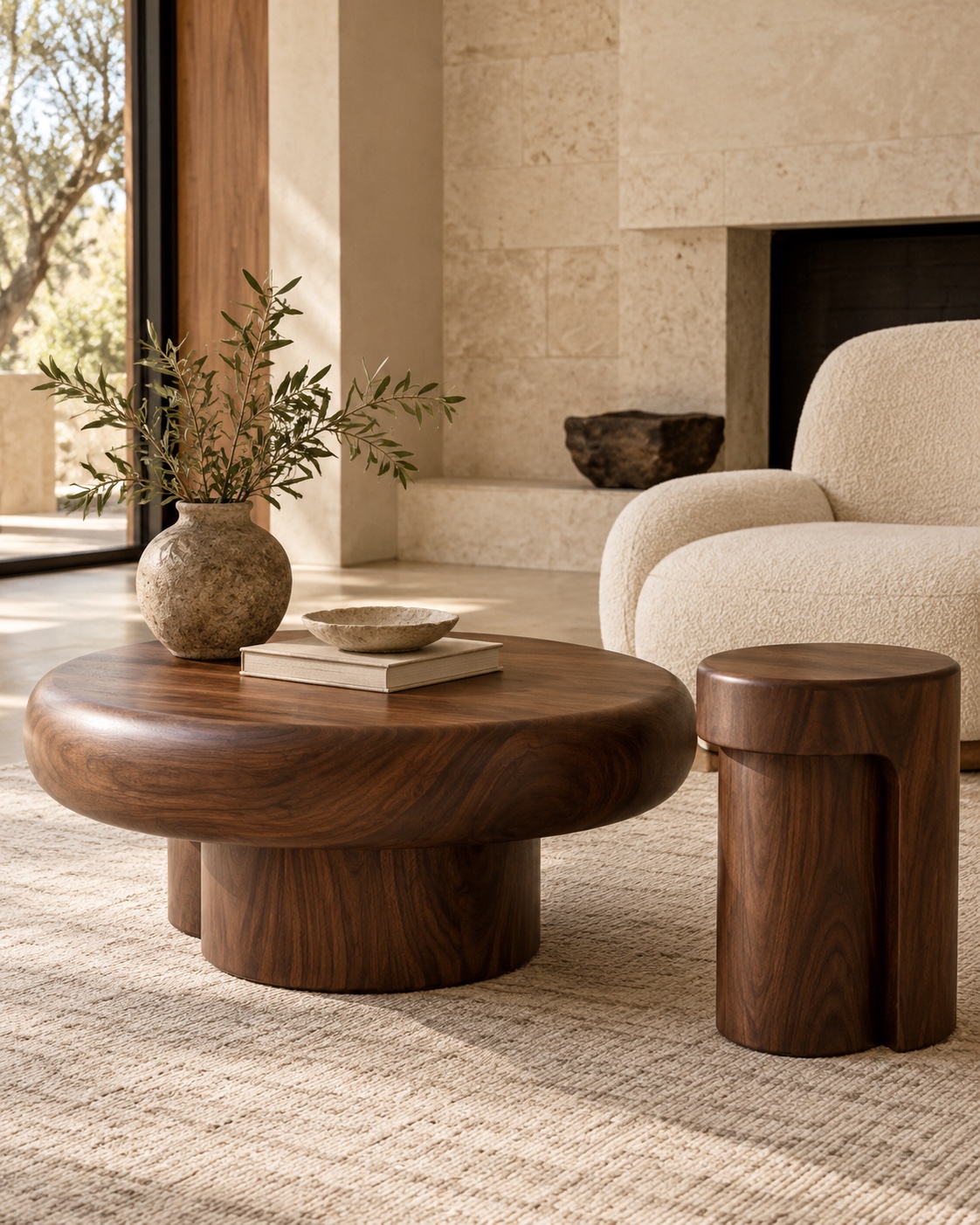 Sculptural furniture in a quiet, sunlit interior