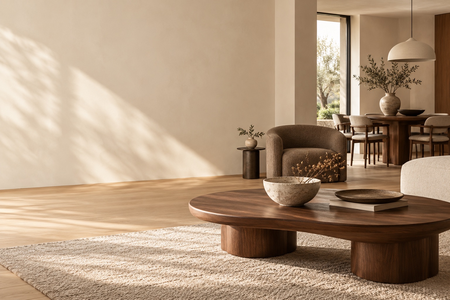 A serene interior with sculptural furniture and tableware