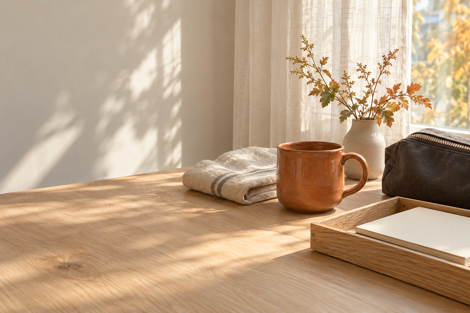 Terracotta ceramic mug, folded cloth, charcoal pouch and wood tray beside a sunlit window