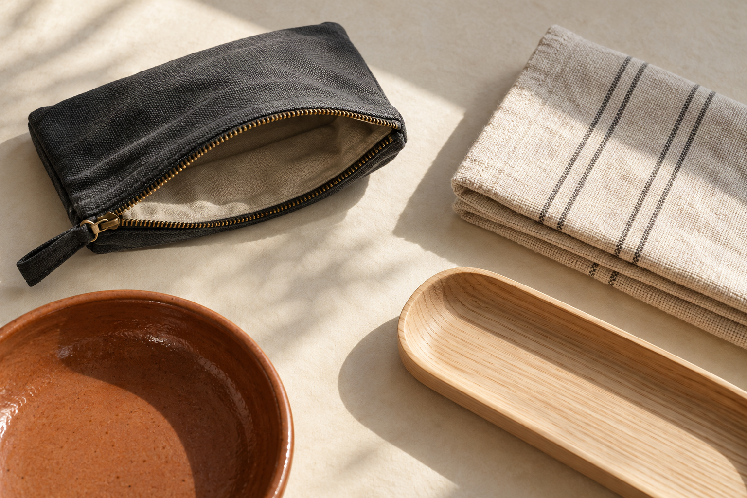 A charcoal canvas pouch, folded striped cloth, terracotta bowl and pale wood tray on a warm surface