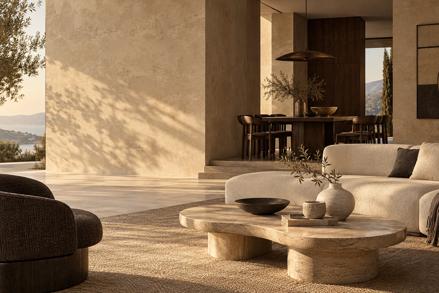 A serene interior with sculptural furniture and tableware