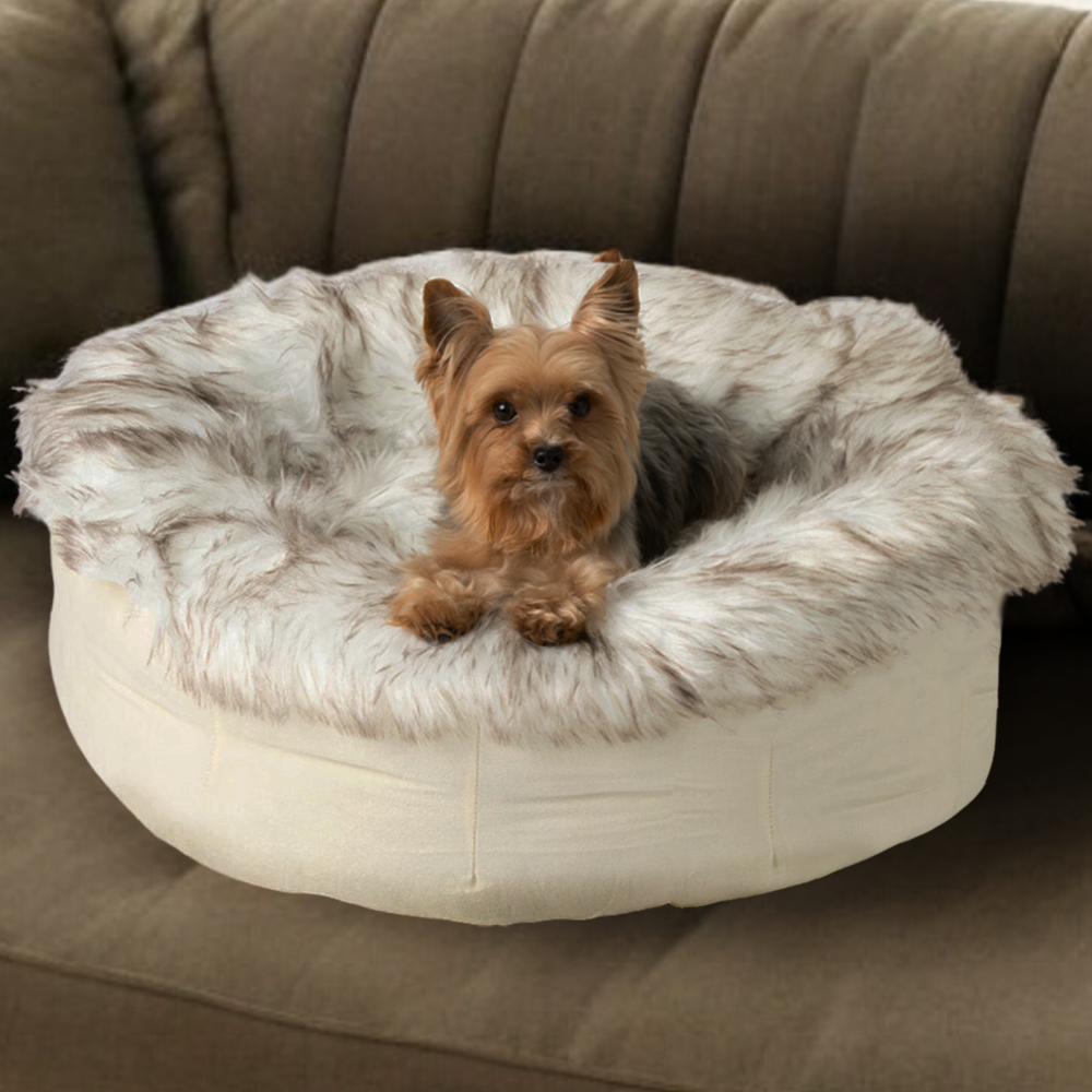 amoraspot Faux Fur Donut Dog Bed - White with Brown Accents