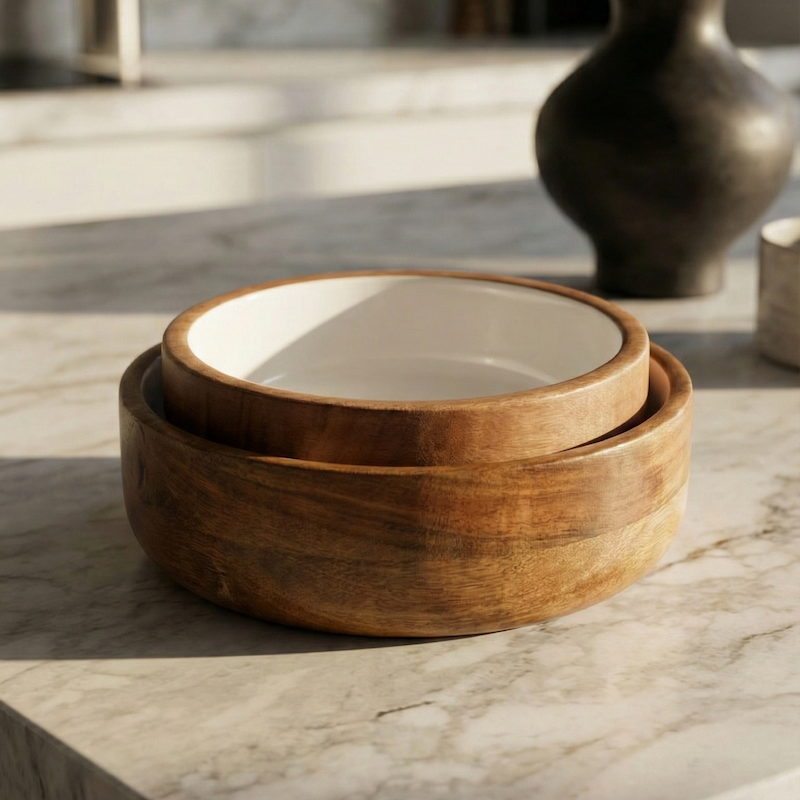 amoraspot Hayes Wood + White Nesting Bowls, Set of 2