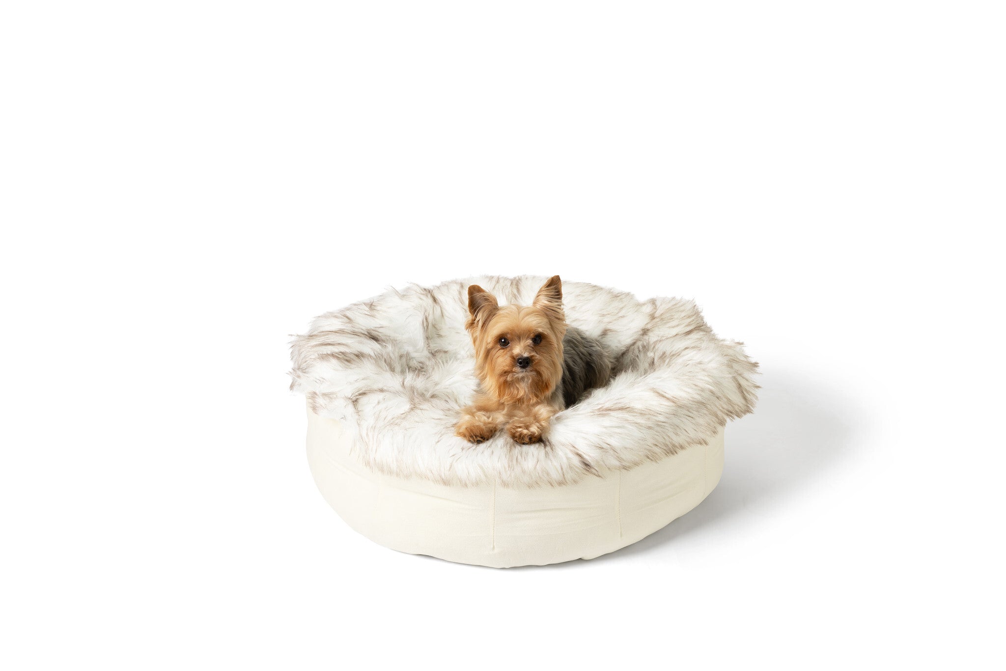 amoraspot Faux Fur Donut Dog Bed - White with Brown Accents