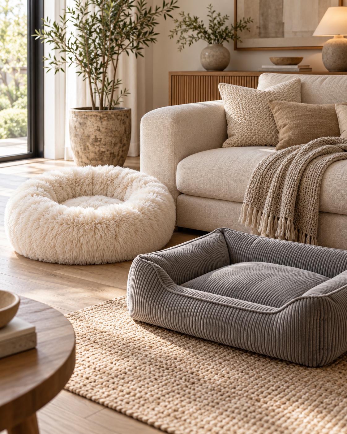 A comfortable pet bed in a softly lit home