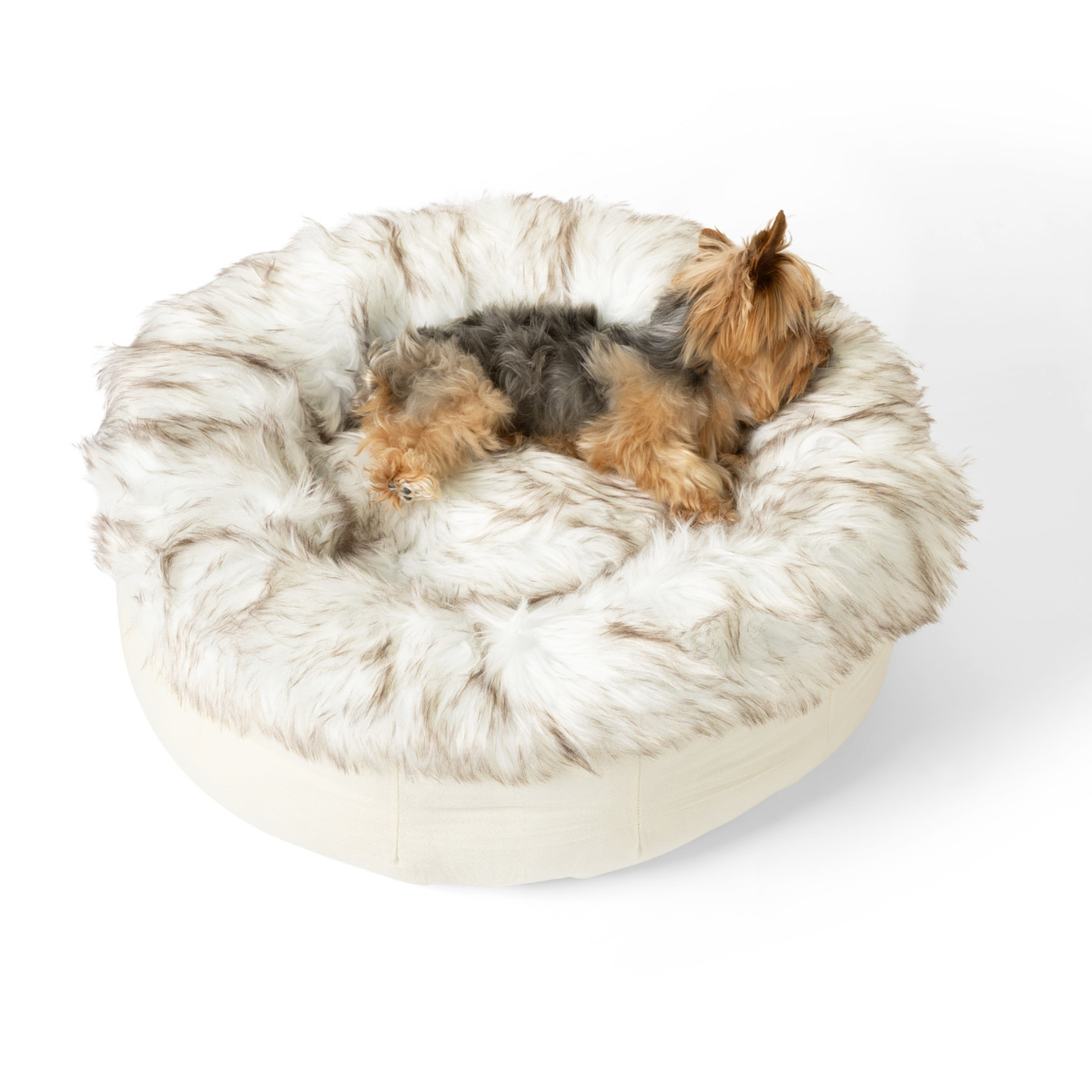 amoraspot Faux Fur Donut Dog Bed - White with Brown Accents