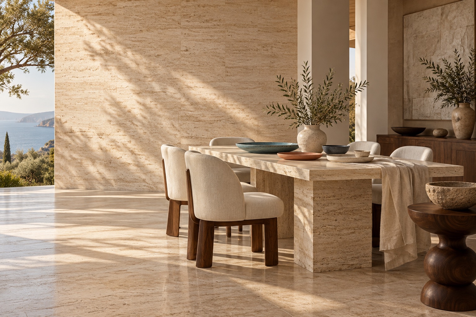 A serene interior with sculptural furniture and tableware