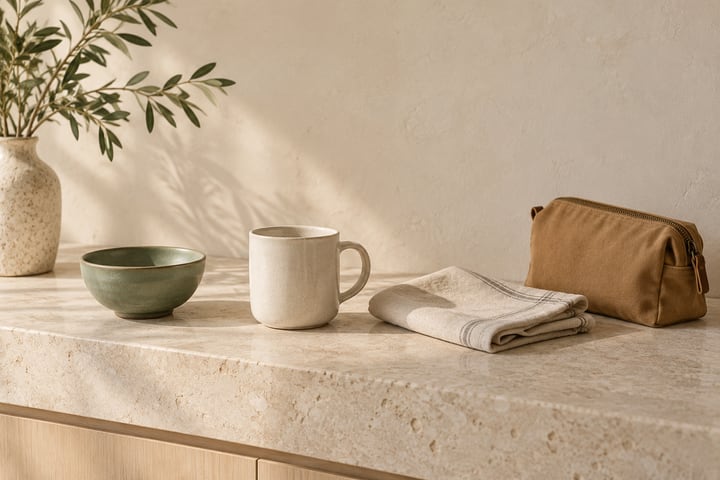 Sage bowl, ivory mug, oatmeal cloth and camel pouch on a pale limestone console