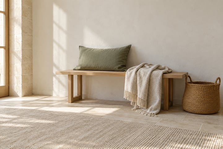 Oak bench, sage cushion, oatmeal throw and camel textile basket