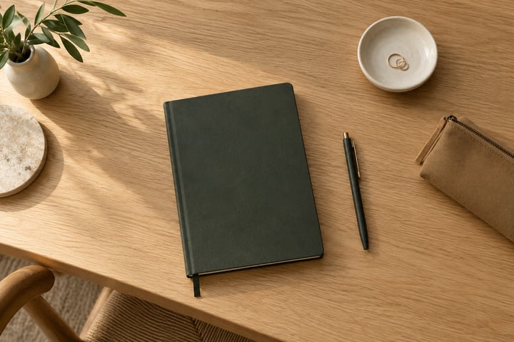 Charcoal-green notebook, dark pen, camel pouch and ivory dish on oak
