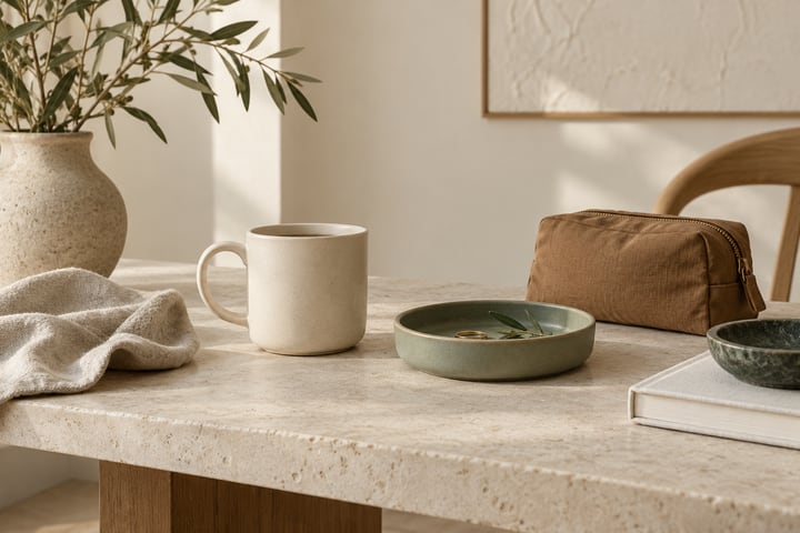 Ivory mug, sage dish, oatmeal cloth and camel pouch on a limestone table