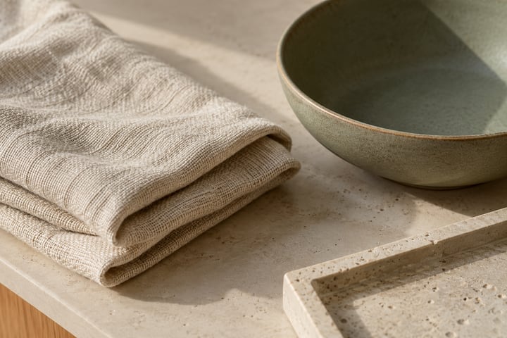 Oatmeal cotton cloth, sage bowl and pale limestone tray