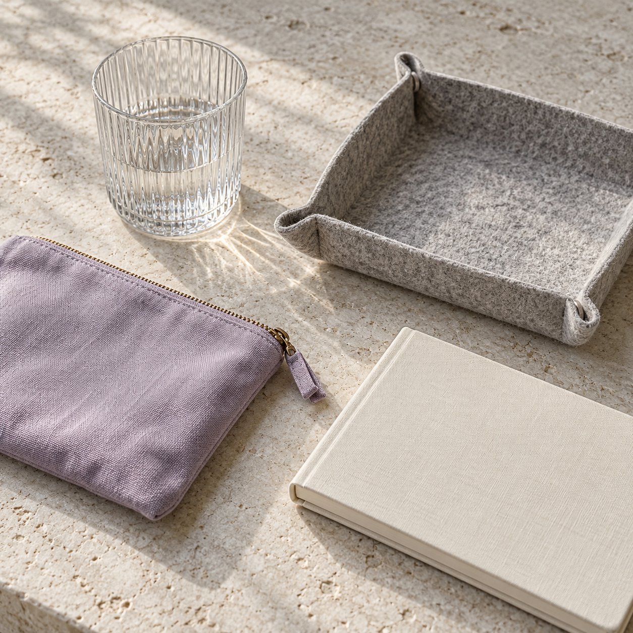 A close overhead view of clear glass, gray felt, lilac cotton canvas and an ivory notebook