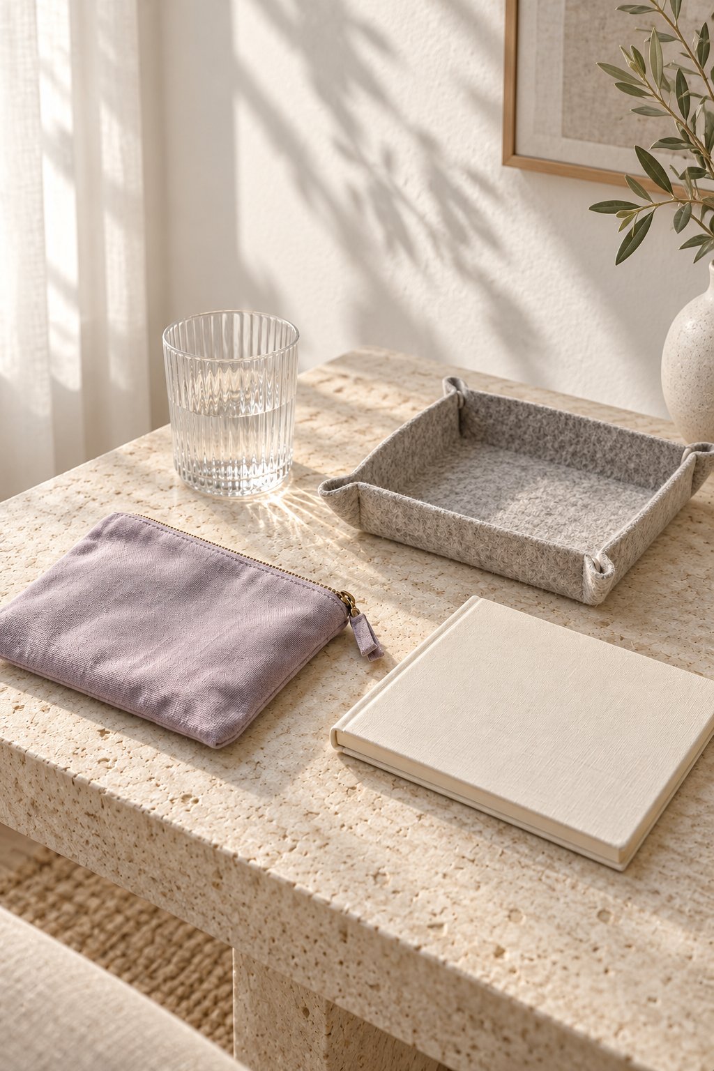 A clear ribbed tumbler, gray felt tray, lilac cotton pouch and ivory notebook on a limestone table