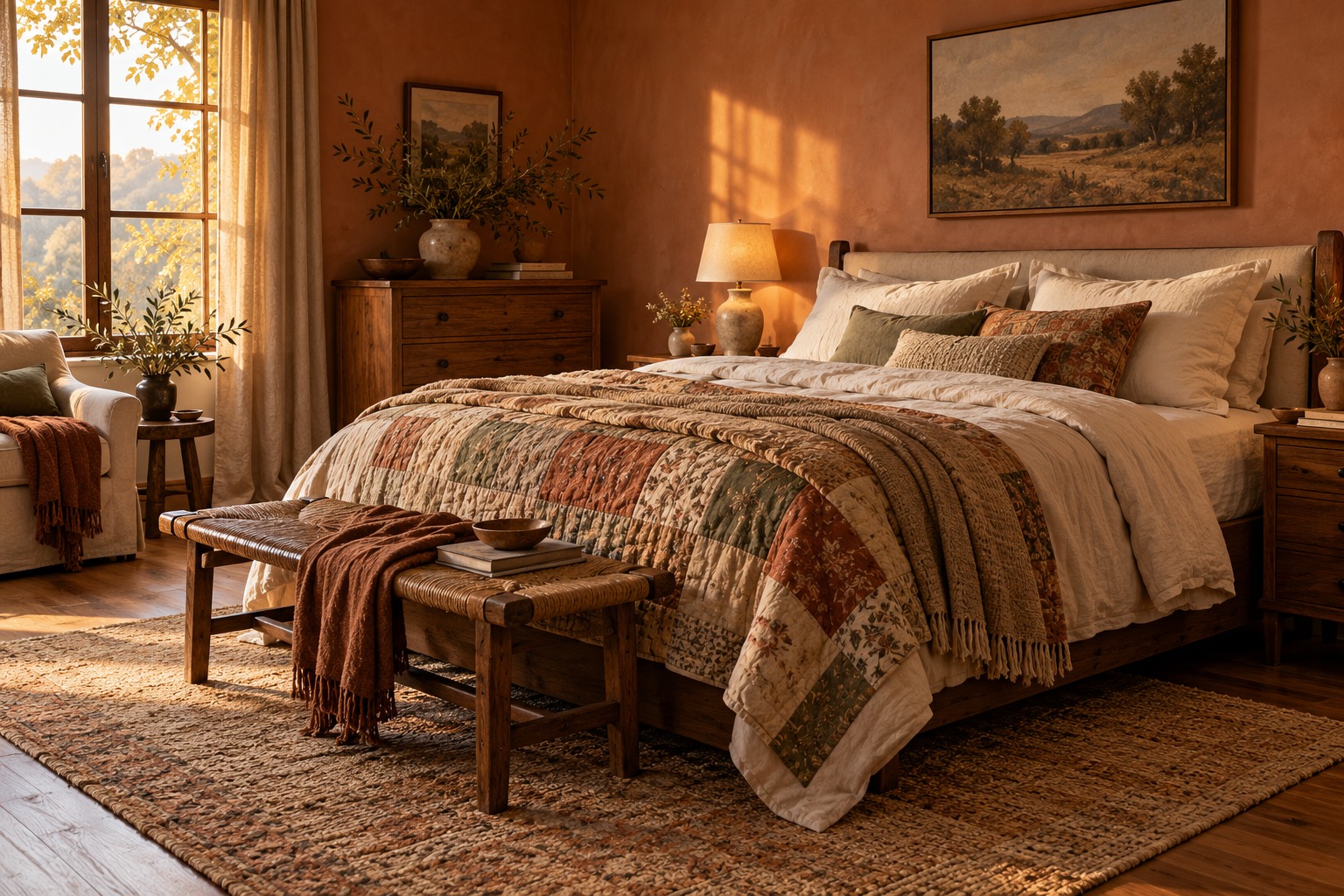 A warm bedroom with relaxed layers of home textiles