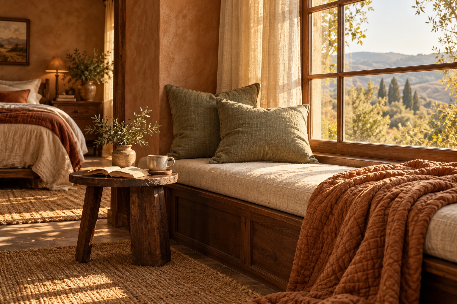 A sunlit bedroom nook with soft layered textiles