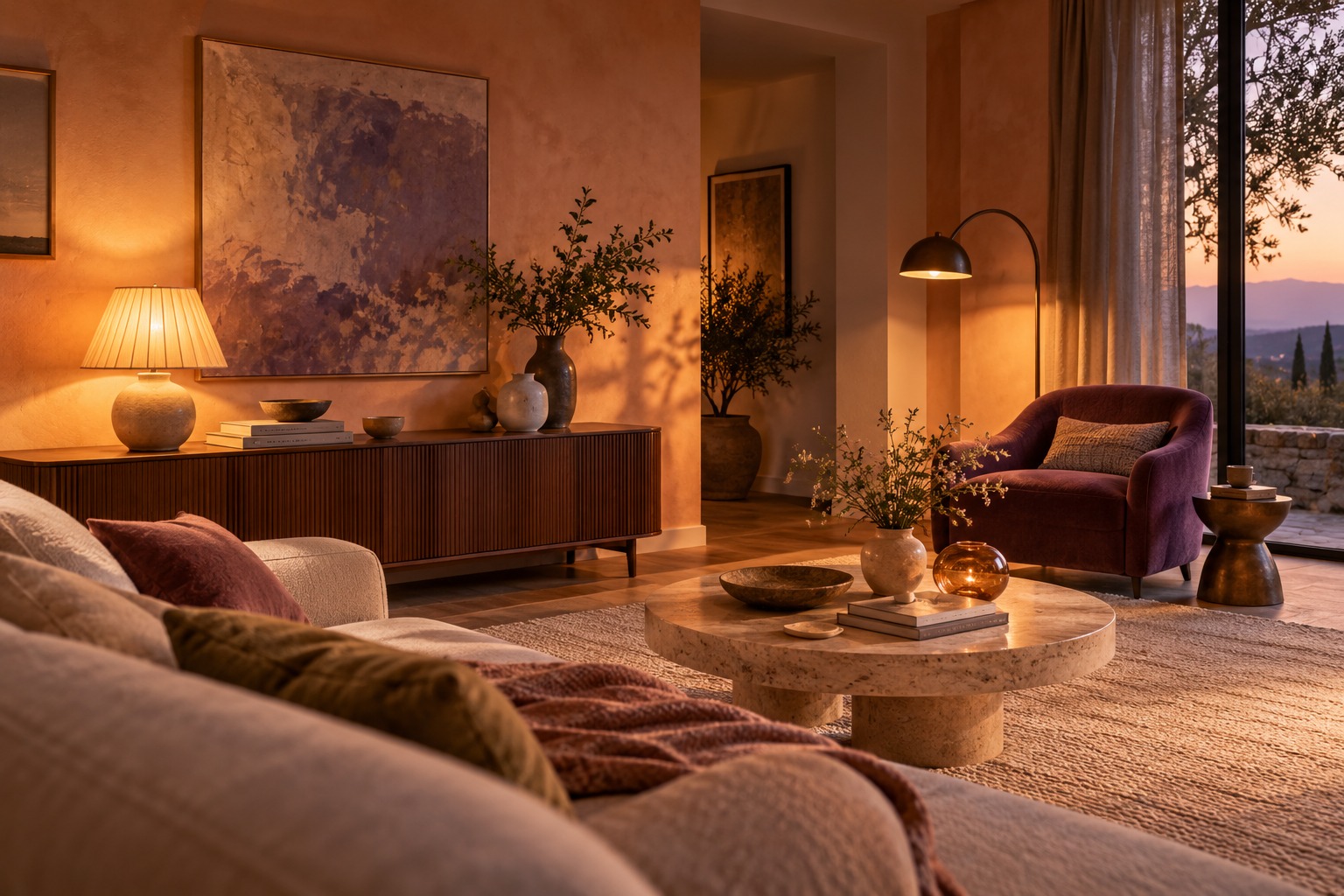 A characterful living room with layered warm lighting